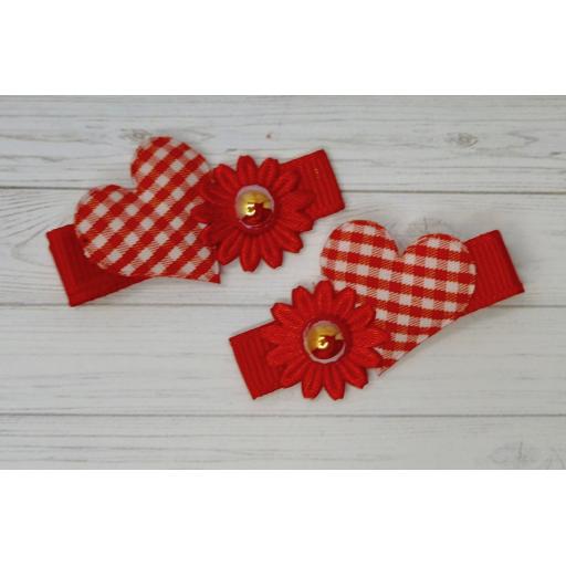 Red Gingham Heart and Flower Itsy Bitsy Baby Bows (pair)