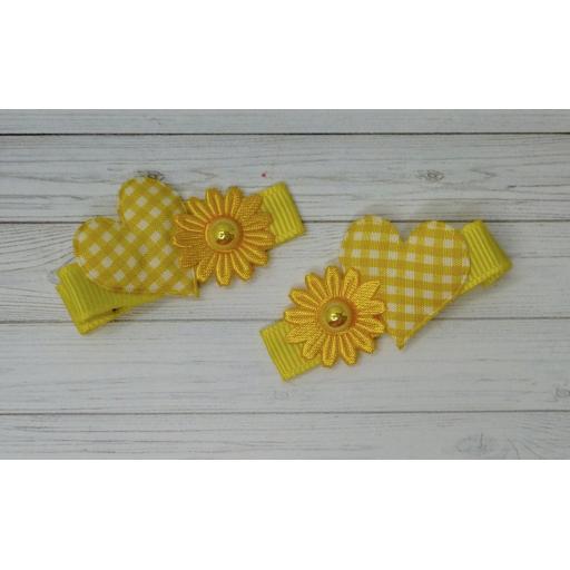 Yellow Gingham Heart and Flower Itsy Bitsy Baby Bows (pair)