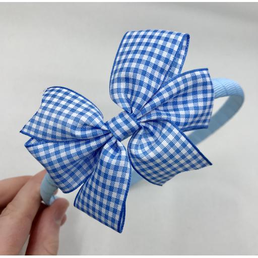 Light Blue Hairband with Light Blue and White Gingham Checked 3 inch Pinwheel Bow