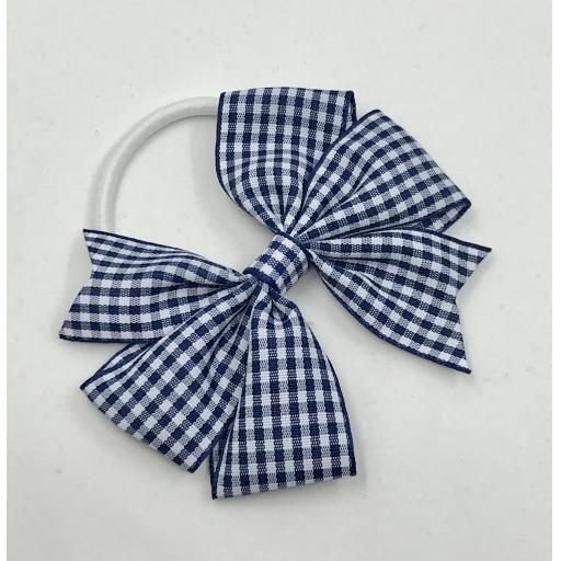 Navy and White Gingham Checked 3 inch Pinwheel Bow on White Elastic Band