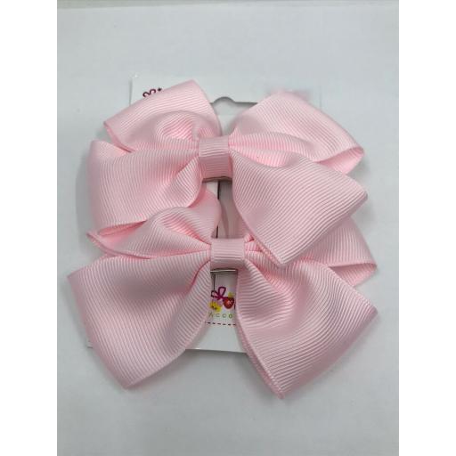 Pair 4 inch Powder Pink Double Classic Bows on Clips