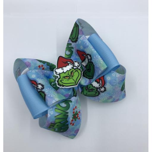 The Grinch On Blue Grosgrain Two Tone Bow Layered bow