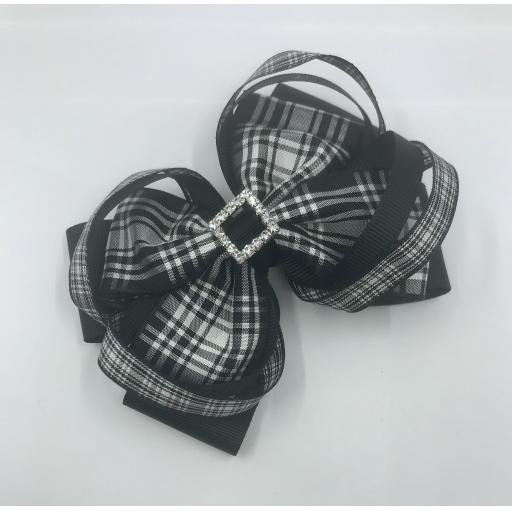 Menzies Tartan and Black Ribbon Double Bow with Double Loops Hair Clip