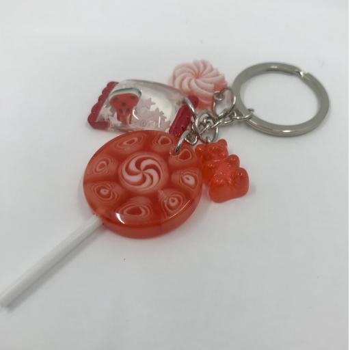 Cherry Swirl Lollipop KeyChain with Watermelon Fruit Candy Bag Charm