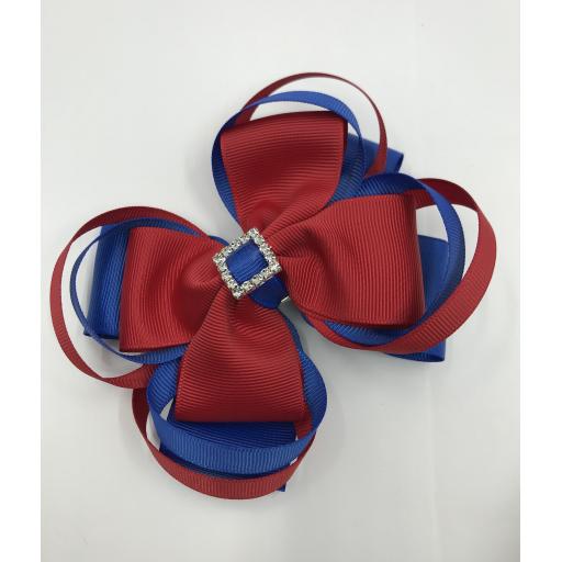 Large 5 inch Royal Blue and Red Double Layer Bow with Double Loops on Clip