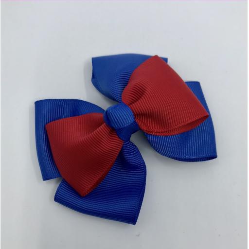 Royal Blue Double Layer Bow with Red Single Top Layer and Top Knot