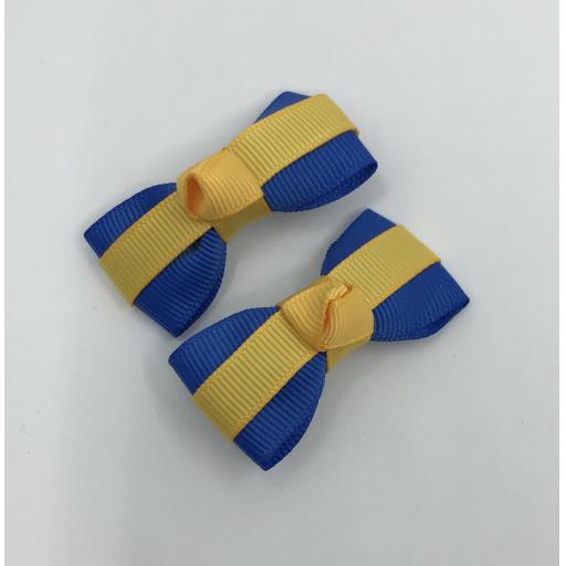 Itty Bitty Royal Blue and Yellow Gold Bow Clips (pair)