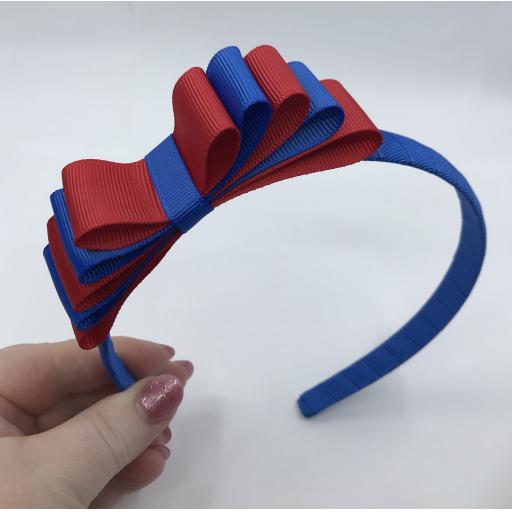 Royal Blue 1.5cm Hairband with 5 Layer Royal and Red Straight Classic Bow