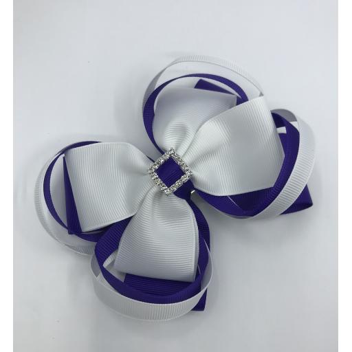 Large 5 inch Purple and White Double Layer Bow with Double Loops on Clip