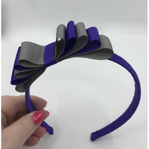 Purple 1.5cm Hairband with 5 Layer Purple and Grey Straight Classic Bow