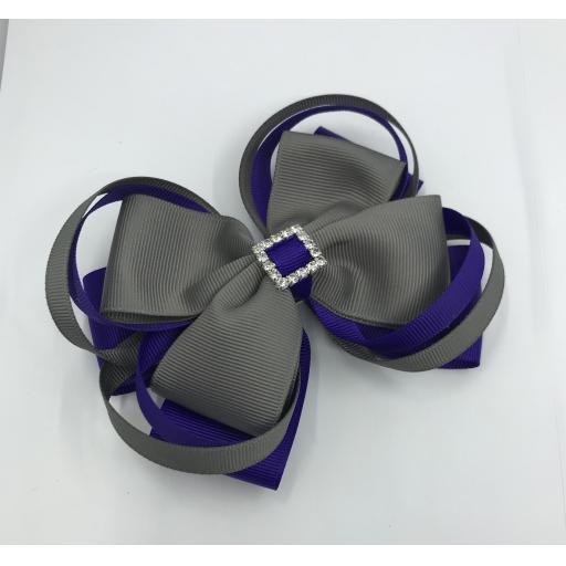 Large 5 inch Purple and Grey Double Layer Bow with Double Loops on Clip