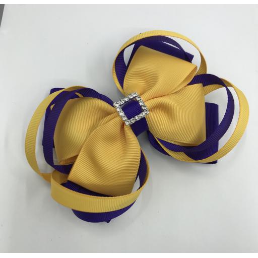 Large 5 inch Purple and Yellow Gold Double Layer Bow with Double Loops on Clip