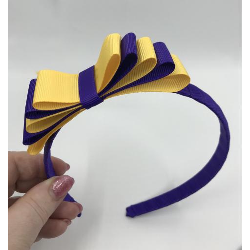 Purple 1.5cm Hairband with 5 Layer Purple and Yellow Gold Straight Classic Bow