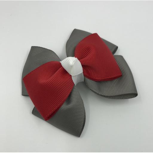 Grey Double Layer with Red Single Layer and White Top Knot Bow on Clip