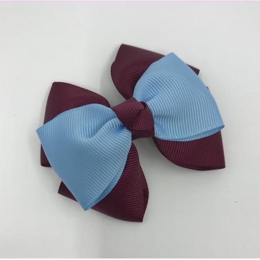 Wine and Light Blue Double Layer with Single Layer and Top Knot Bow on Clip