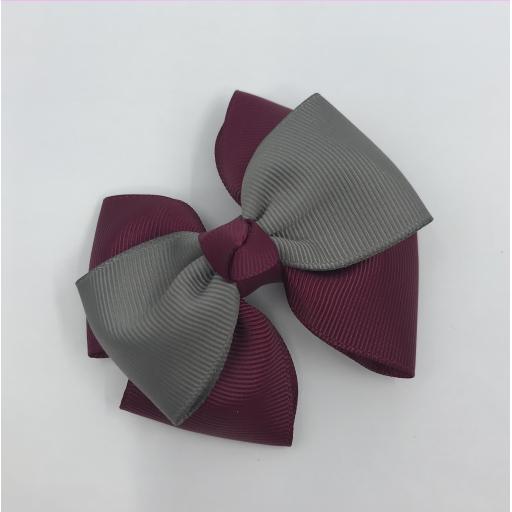 Wine and Grey Double Layer with Single Layer and Top Knot Bow on Clip