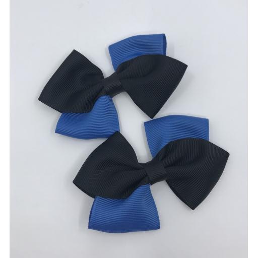 Diagonal Black and Batik Blue Bows on Clips (pair)