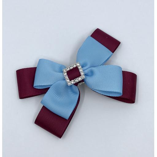 Wine and Light Blue Double Layer Bow on Clip