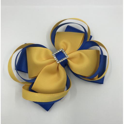 Large 5 inch Royal Blue and Yellow Gold Layer Bow with Double Loops on Clip