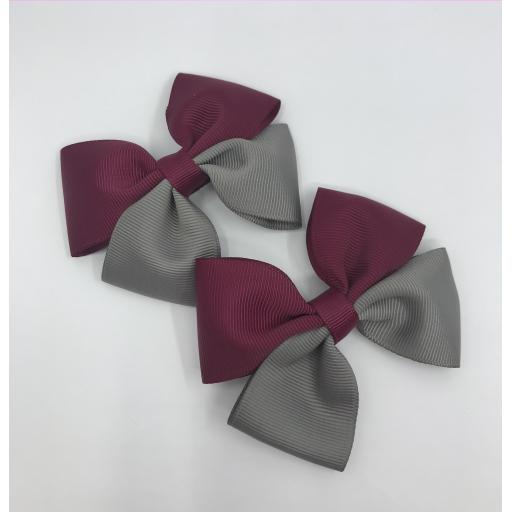 Wine and Grey Double Bows on Clips (pair)