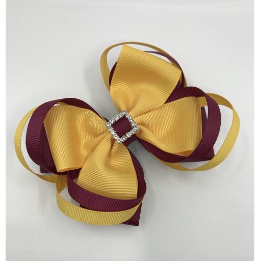 Large 5 inch Wine and Yellow Gold Double Layer Bow with Double Loops on Clip