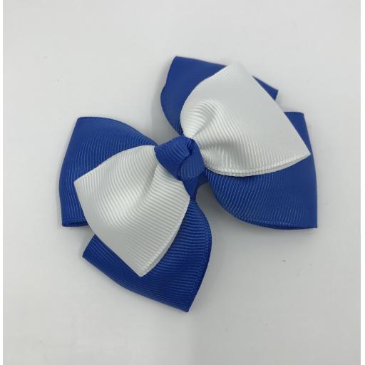 Royal Blue Double Layer with White Single Layer and Top Knot Bow on Clip