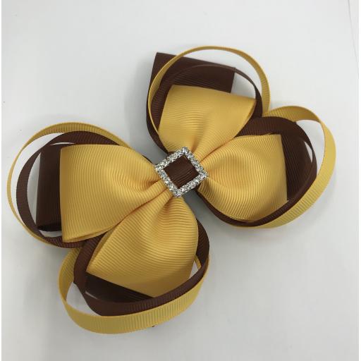 Large 5 inch Brown and Yellow Gold Double Layer Bow with Double Loops on Clip