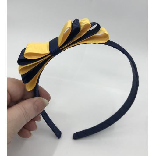 Navy 1.5cm Hairband with 5 Layer Navy Blue and Yellow Gold Straight Classic Bow