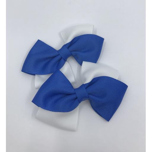 Royal Blue and White Diagonal Bows on Clips (pair)