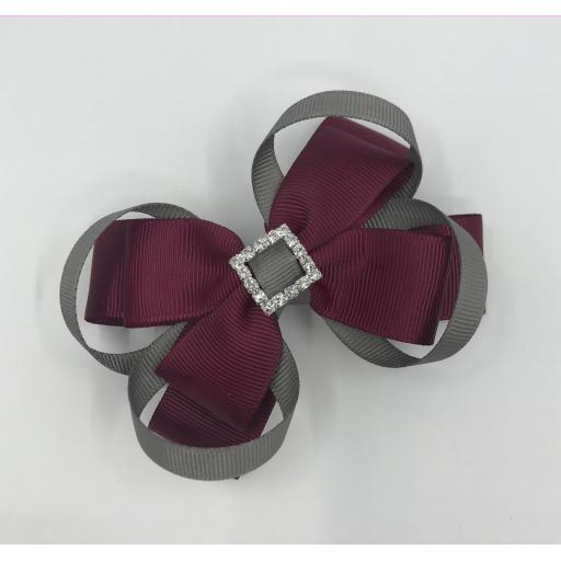 Wine Double Layer Bow with Grey Loops on Clip