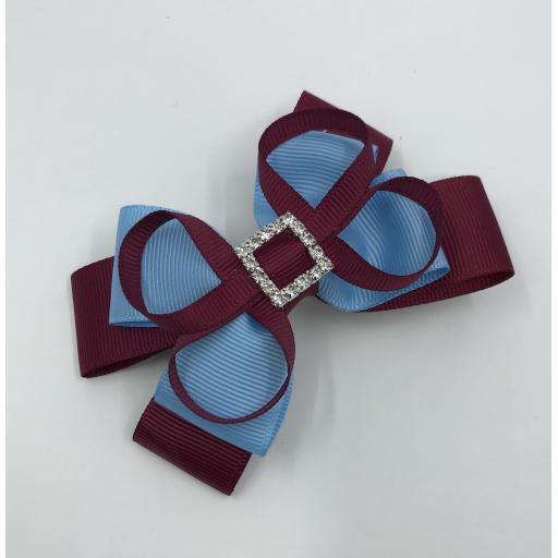 Wine and Light Blue Double Layer Bow with Loops on Clip