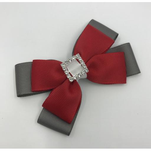 Red, Grey and White Double Layer Bow on Clip