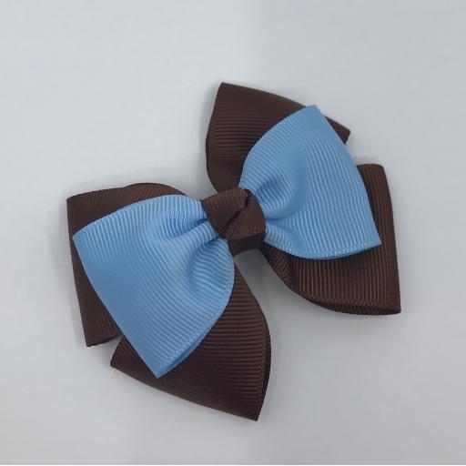 Brown Double Layer with Light Blue Single Layer and Top Knot Bow on Clip