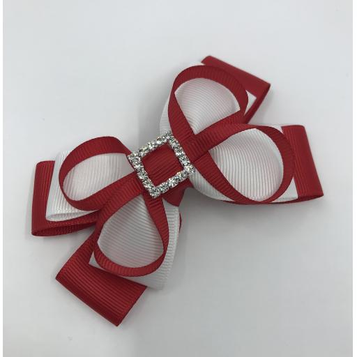 Red and White Double Layer Bow with Loops on Clip