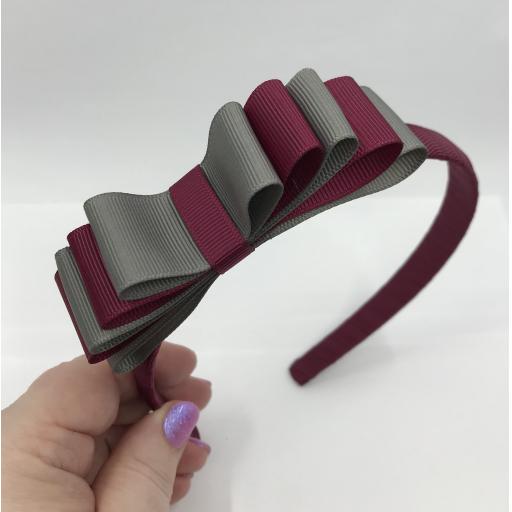 Wine 1.5cm Hairband with 5 Layer Wine and Grey Straight Classic Bow