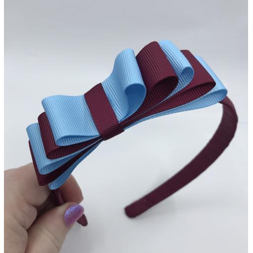 Wine 1.5cm Hairband with 5 Layer Wine and Light Blue Straight Classic Bow