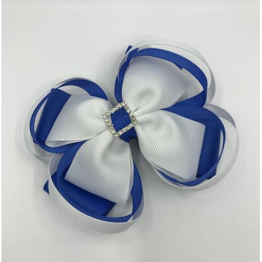 Large 5 inch Royal Blue and White Layer Bow with Double Loops on Clip