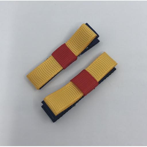 Small Straight Navy Blue, Yellow Gold and Red Bow on Clips (pair)