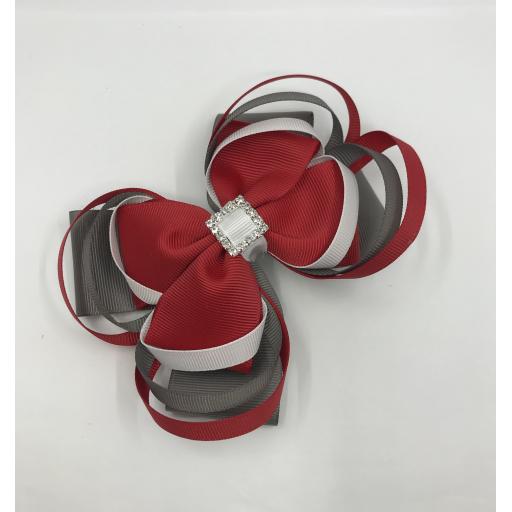 Large 5 inch Red, Grey and White Double Layer Bow with Triple Loops on Clip