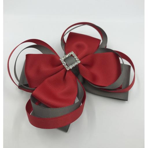 Large 5 inch Red and Grey Double Layer Bow with Double Loops on Clip