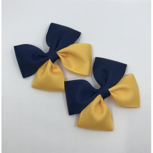 Navy Blue and Yellow Gold Double Bows on Clips (pair)