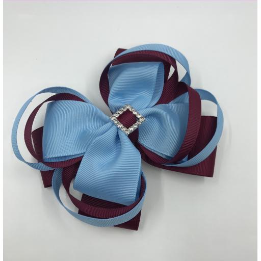 Large 5 inch Wine and Light Blue Double Layer Bow with Double Loops on Clip