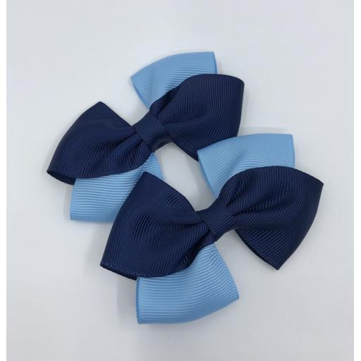 Diagonal Navy and Light Blue Bows on Clips (pair)