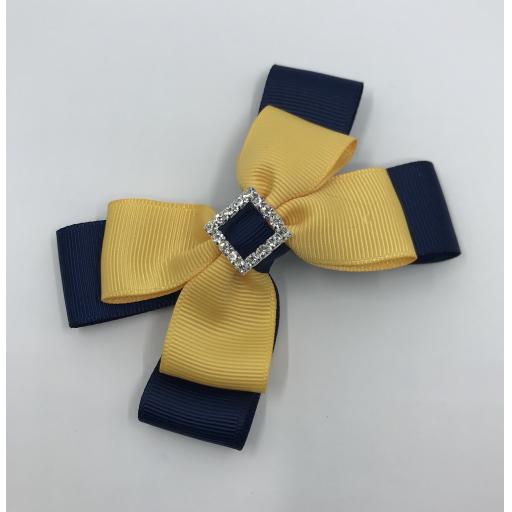 Navy Blue and Yellow Gold Double Layer Bow on Clip