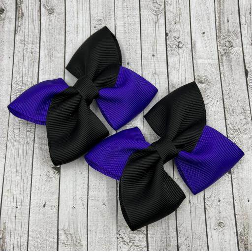 Black and Purple Square Double Bows on Clips (pair)