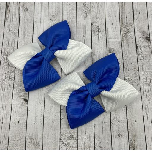 Royal Blue and White Square Bows on Clips (pair)