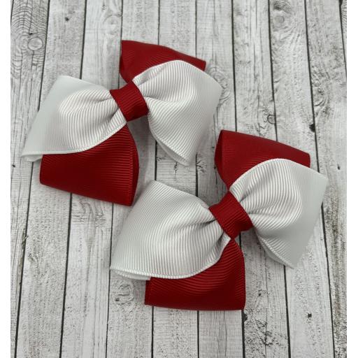 Red and White Diagonal Double Bows on Clips (pair)