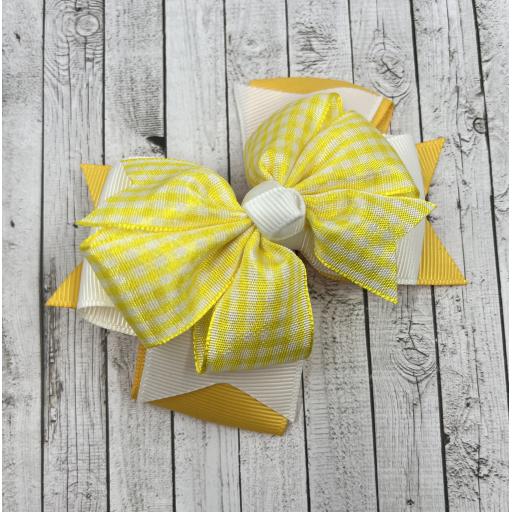 Yellow and White Gingham Checked Triple Layer Bow on Clip